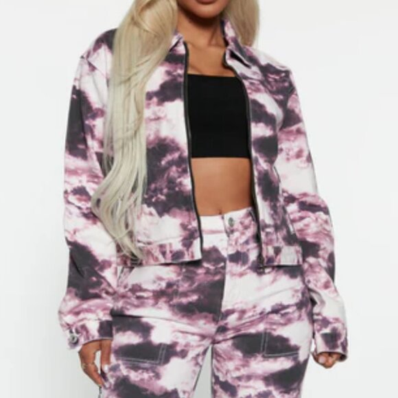 Fashion Nova Galaxy Dreams Purple Tie Dye Denim Jacket Full Zip Boho Size Medium - Picture 2 of 9